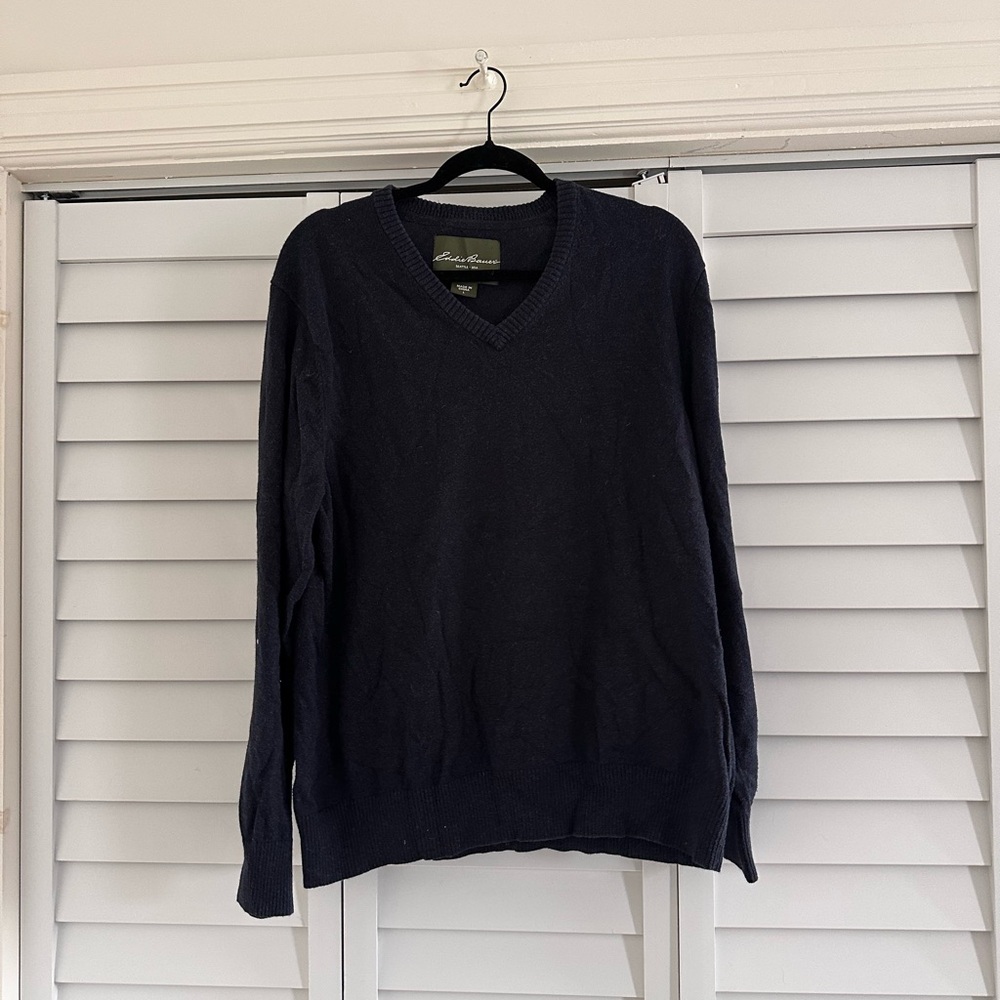 Cashmere Cotton Eddie Bauer Dark Blue V-Neck Sweater
